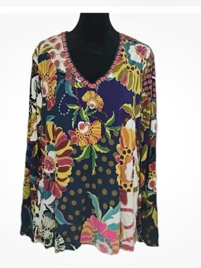 Johnny Was Navy Multicolor Floral V-Neck Long Sleeve Tunic